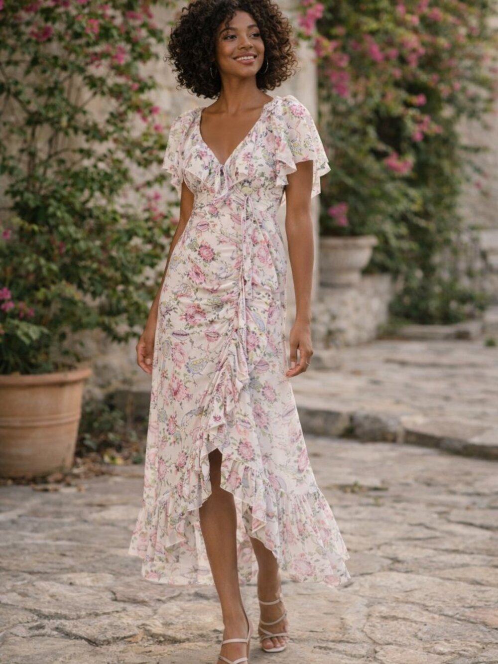 Cinq A Sept Sheila Floral Ruffle Midi Dress Pink